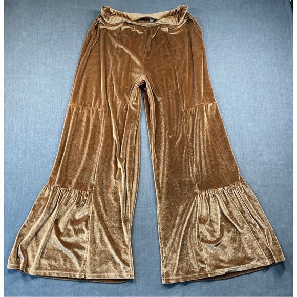 Velvet Flare Bell‎ Bottom Pants Womens XL Brown Boho Retro 70s Festival Lounge - Picture 1 of 13